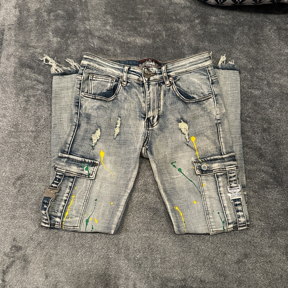Distressed Denim Cargo Shorts with Paint Splatter